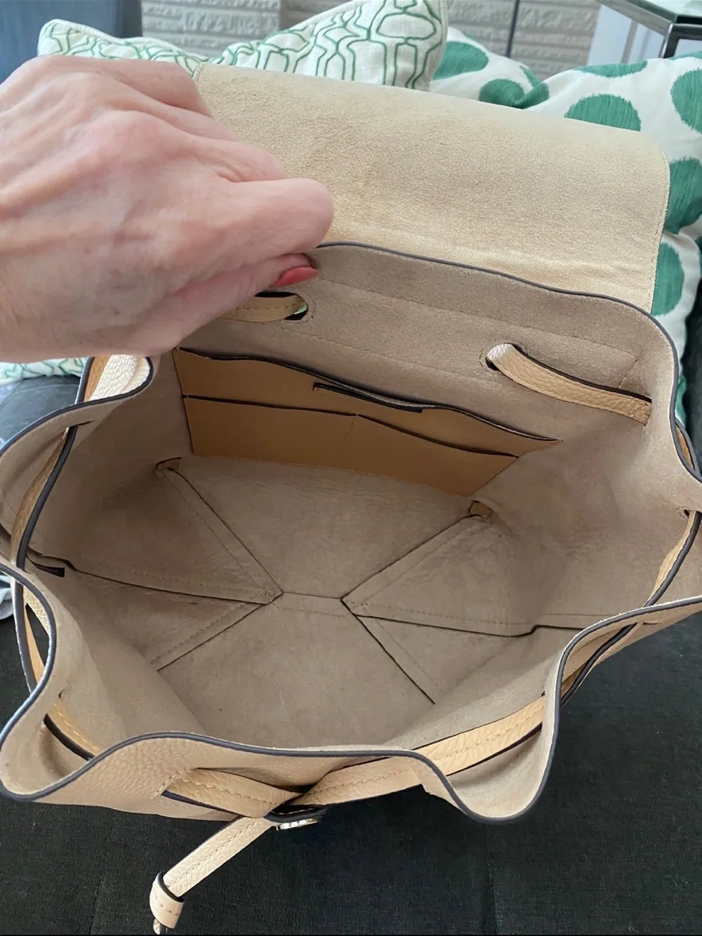 Michael Kors Pebbled Leather Junie Drawstring Backpack in tan